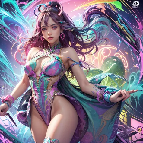 (master piece, top quality,  best quality ,  official art , beautiful and aesthetic:1.2), (1 girl:1.3), leather scarf,(fractal art:1.2),coloring,more detailed,( Zentangle Neon :1.2), (dynamic pose), (neon abstract background:1.5), (Tredital Dress:1.2), (Br...