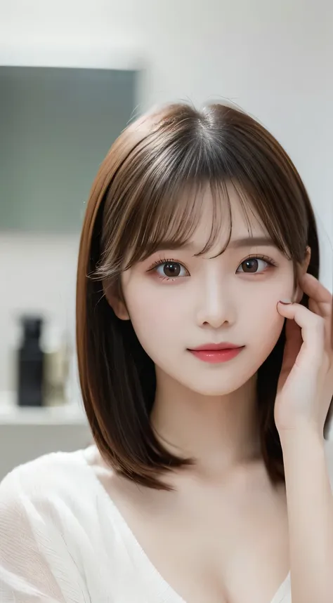 (beautiful girl、Cute Face、medium hair、stares at viewers、my face in the mirror:1.3)、top quality,8K image、 perfect double eyelids、happy、natural color makeup、Moist lips、white skin、(straight hair, Strongly Blurred White Background :1.3),