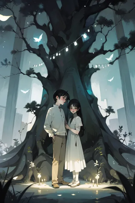 A young boy and a young girl with black hair, wearing white, they are standing, behind them one big tree with light bulbs dangling on the tree, and fireflies are rooming around. Dream aesthetic, lights, sketchy, watercolor, artistic. 