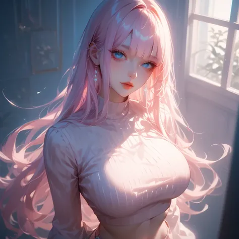 ((pastel pink black, hair, gradient hair ), best quality 、 Masterpiece、( professional lighting )、 surreal、( wearing high heels) , Charming、 slender supermodel 、 one adult female , ((from above, upper body, look at viewer), (slightly larger breasts, midriff...