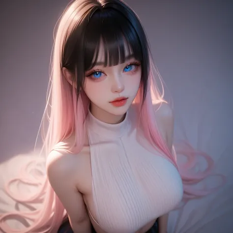 ((pastel pink black, hair, gradient hair ), best quality 、 Masterpiece、( professional lighting )、 surreal、( wearing high heels) , Charming、 slender supermodel 、 one adult female , ((from above, upper body, look at viewer), (slightly larger breasts, midriff...