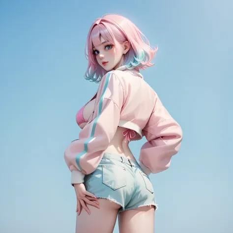 hand on own ass, (pastel white pink hair, gradient hair ),top quality、 1 girl,, ( big breasts, Belly button exposed), (beautiful skin)), (明るい and beautiful blue eyes , ((クラゲ cut, medium hair )), (bomber jacket, bikini, daisy duke shorts, long boots),from b...