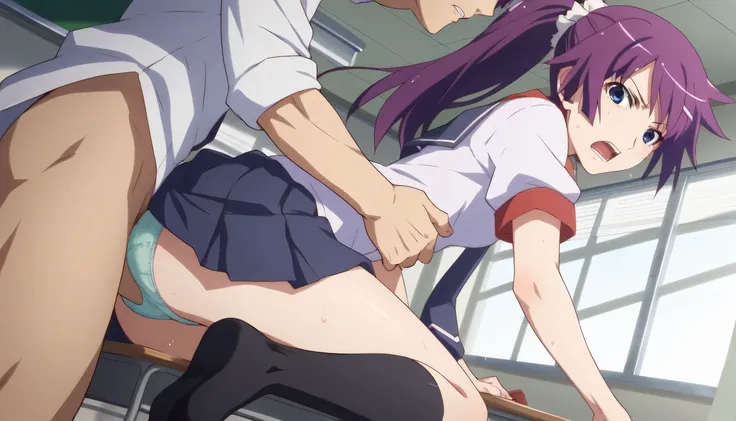 1girl,1boy,Sex,ass,rape,sweat,open mouth,score_9, score_8_up, score_7_up,  source_anime,
Senjogahara hitagi , Senjogahara, long hair, bungs, ponytail, side lock, scrunchie , blue eyes, purple hair,
Skirt, thigh high socks, school uniform, tie, black thigh ...