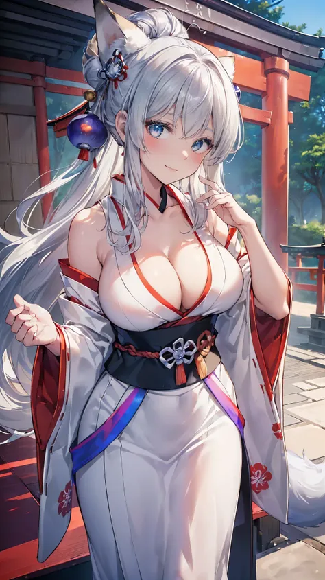 ((Masterpiece)), ((Highest-Quality)), 8K, (1Sensual-And-Beautiful-(Silver-Fox-Female)-Top-Professional-Model-And-Japanese-Shrine-Maiden:1.4), 23yo, (Cleavage-Japanese-Shrine-Maiden-Costume:1.4), Iridescent-Lighting, (Beautiful-Silver-Fox-Ears:1.4), (Detail...