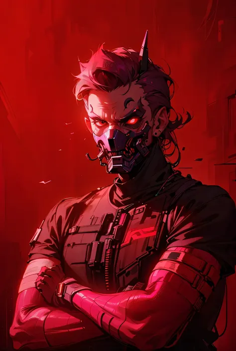 arafed man with a red mask and a black shirt, villain wearing a red oni mask, cyberpunk face, with red haze and a massive grin, raphael personnaz, in cyberpunk style, red face, menacing look, profile picture 1024px, profile pic, scary look, wearing all bla...