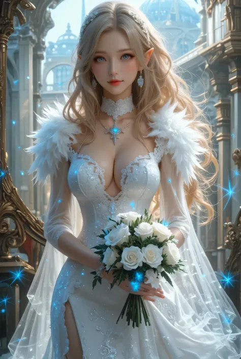  best quality , Super quality, 16k,  Unbelievably Absurd,  very detailed,  lovely photo,  delicate and dynamic,  Kiri Reina female,  seductive smile,  pure white wedding dress ,  great style , bouquet,  steampunk,  DIESEL PUNK ,  clock punk ,  cyberpunk, G...