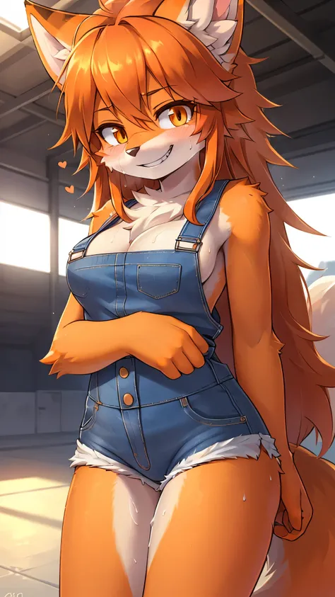 best quality,best resolution,(fluffy anthro furry :1.6),cat girl,(medium breasts),(orange hair :1.5),(long hair),(messy hair :1.5),(orange eyes),glistering eyes,sparkle eyes,(orange fur :1.4),(denim mechenic overall shorts),cleavage,racing car pit stop,rac...