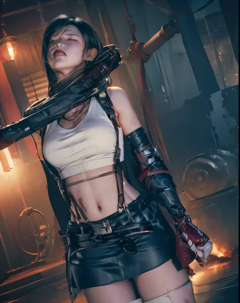 Tifa,   killed by a strong enemy     ,  Put your hands down ,  Unconscious,    expression of pain ,   close eyes, 立ったまま Unconscious,    nothing ,   masterpiece, Loose,    blood from mouth  ,   torn clothes ,   the miniskirt is torn  ,     Panties,  skin , ...