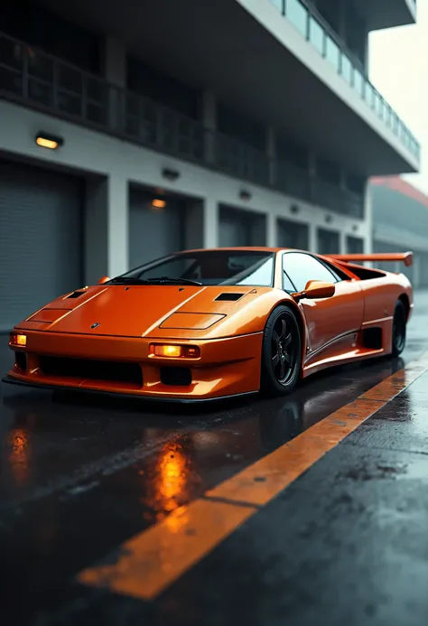 
"Lamborghini Diablo GTR viewed from the side, Full profile, bright orange metallic body, aggressive aerodynamic design, large rear spoiler, large side air intakes, covered headlights, racing tires, low and wide body. Cinematic lighting with realistic refl...