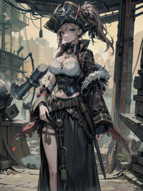 ideal ratio body proportions, perfect anatomy, correct body, earring, large breasts, narrow waist, short hair, black hair, wavy hair, hair behind ear, half updo, sweat, adult body, outdoor, cowboy shot, ((Practical pirate clothing)), Long-sleeved pirate to...