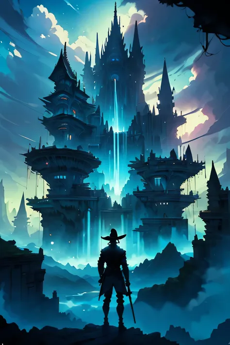 create me a silhouette of a hero standing at the center of the bottom of the image facing away, staring forward at a castle in the distance. Everything is centered. Add more sky and colours. Fantasy vibes. Hero is in armour and has a wizard hat and staff i...