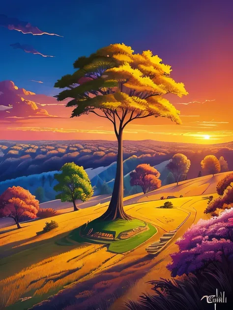 a painting of a tree on a hill with a sunset in the background, a digital painting inspired by Cyril Rolando, trending on Artstation, psychedelic art, in style of cyril rolando, cyril rolando and goro fujita, cyril rolando and m. w kaluta, cyril rolando an...