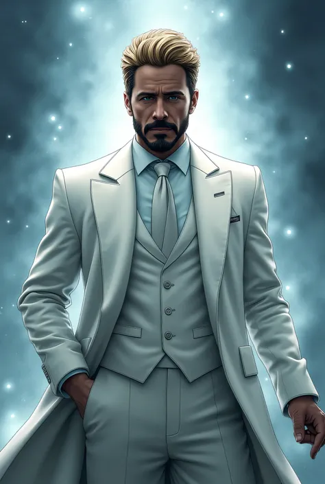 Gregory Stark, Tony Stark's twin brother from the Marvel Universe. A tall man with noble blacks faces, with a well-groomed beard and blond hair. He is wearing an elegant white suit with a long coat, with a white shirt and a formal tie, , which emphasizes h...