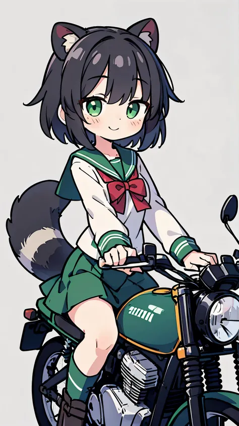      anime style、  woman、 Raccoon Ears、Raccoon Tail、 black hair、  green eyes、 short hair、 Green Sailor Suit、red ribbons、long skirt、knee-high、simple background、smiles、riding a motorcycle
