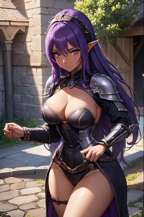 (High quality, High resolution, Fine details), Medieval barracks, Dark Elves, Heavily Armed Knights, solo, curvy adult women, purple hair, sparkling eyes, (Detailed eyes:1.2), Dark skin, Oily skin, Soft tones, shallow depth of field