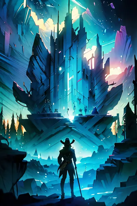 create me a silhouette of a hero standing at the center of the bottom of the image facing away, staring forward at a castle in the distance. Everything is centered. Add more sky and colours. Fantasy vibes. Hero is in armour and has a wizard hat and staff i...