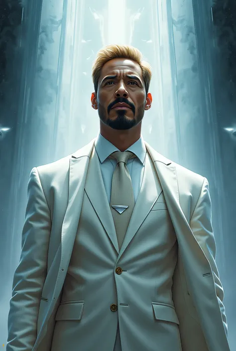Gregory Stark, Tony Stark's twin brother from the Marvel Universe. A tall man with noble blacks faces, with a well-groomed beard and blond hair. He is wearing an elegant white suit with a long coat, with a white shirt and a formal tie, , which emphasizes h...