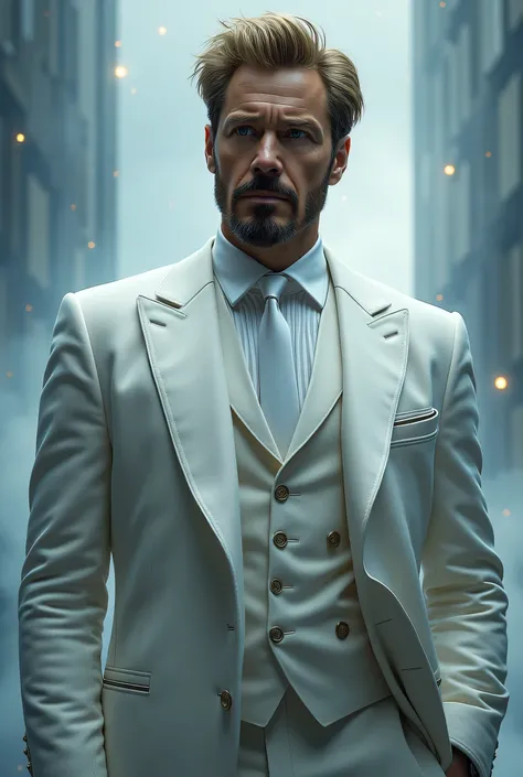 Gregory Stark, Tony Stark's twin brother from the Marvel Universe. A tall man with noble blacks faces, with a well-groomed beard and blond hair. He is wearing an elegant white suit with a long coat, with a white shirt and a formal tie, , which emphasizes h...