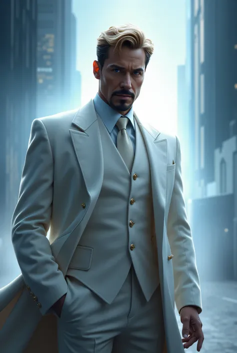 Gregory Stark, Tony Stark's twin brother from the Marvel Universe. A tall man with noble blacks faces, with a well-groomed beard and blond hair. He is wearing an elegant white suit with a long coat, with a white shirt and a formal tie, , which emphasizes h...