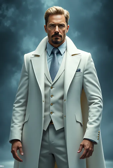 Gregory Stark, Tony Stark's twin brother from the Marvel Universe. A tall, pumped up man with noble facial features, with a well-groomed beard and blond hair. He is wearing an elegant white suit with a long coat, with a white shirt and a formal tie, , whic...