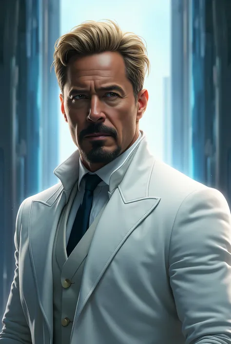 Gregory Stark, Tony Stark's twin brother from the Marvel Universe. A tall man with noble blacks faces, with a well-groomed beard and blond hair. He is wearing an elegant white suit with a long coat, with a white shirt and a formal tie, , which emphasizes h...