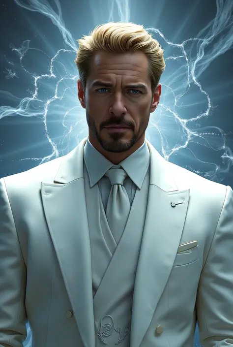 Gregory Stark, Tony Stark's twin brother from the Marvel Universe. A tall man with noble blacks faces, with a well-groomed beard and blond hair. He is wearing an elegant white suit with a long coat, with a white shirt and a formal tie, , which emphasizes h...