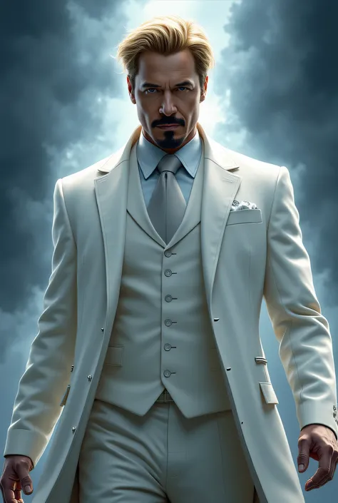 Gregory Stark, Tony Stark's twin brother from the Marvel Universe. A tall man with noble blacks faces, with a well-groomed beard and blond hair. He is wearing an elegant white suit with a long coat, with a white shirt and a formal tie, , which emphasizes h...