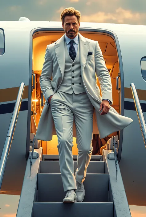 Gregory Stark, Tony Stark's twin brother from the Marvel Universe.  Tall, A handsome man with noble features, with blond hair and a well-groomed beard. Dressed in an impeccably tailored white suit with an elegant tie and coat. He confidently descends the r...
