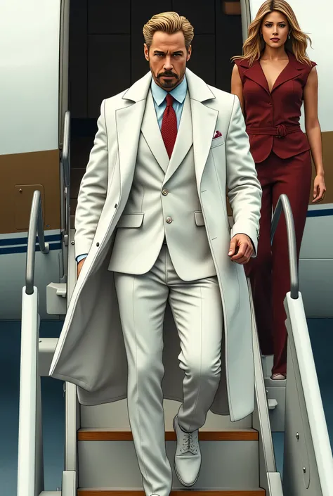 Gregory Stark, Tony Stark's twin brother from the Marvel Universe.  Tall, A handsome man with noble features, with blond hair and a well-groomed beard. Dressed in an impeccably tailored white suit with an elegant tie and coat. He confidently descends the r...