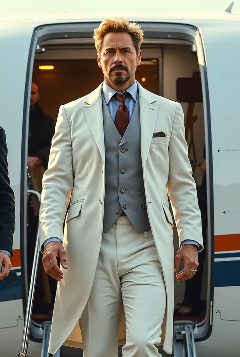 Gregory Stark, Tony Stark's twin brother from the Marvel Universe.  Tall, A handsome man with noble features, with blond hair and a well-groomed beard. Dressed in an impeccably tailored white suit with an elegant tie and coat. He confidently descends the r...