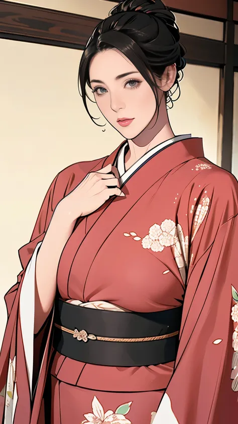 1,Japanese hairstyle,photorealism, details,masterpiece,mature,((full)), (Broad shoulders), ((huge)),プラスサイズのmature女性,expensive,30 years old,pretty face, (Obese woman),美しい長袖の kimono, kimono,Hold your chest with both hands:1,high quality,is standing,High reso...