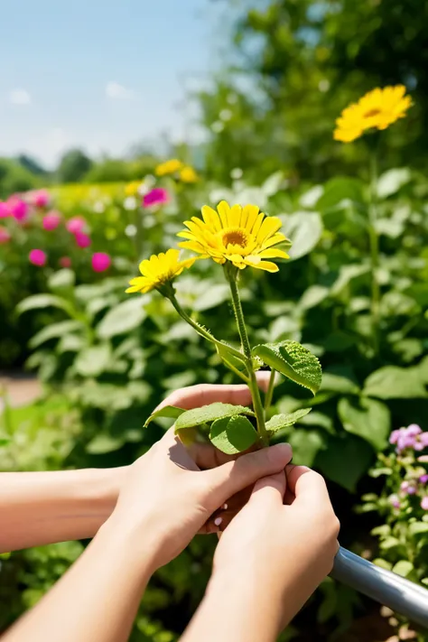 Imagine a  picking flowers in the garden