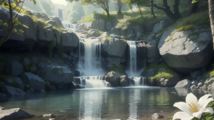 waterfall、tree々、水に反射するsunshine、sunshine、 relax、 kind atmosphere、Lots of white flowers、Fewer rocks