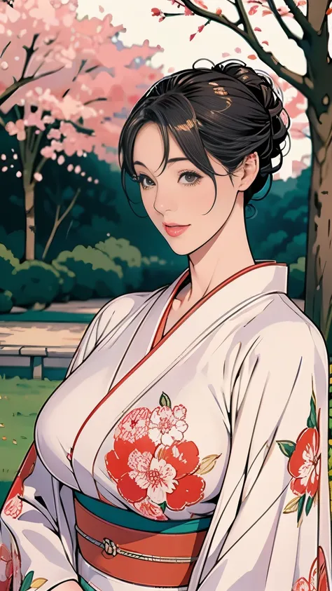 1，Japanese hairstyle，photorealism， details，masterpiece，mature，((full))， (Broad shoulders), ((huge))，（美しい長袖の kimono， kimono，smile，masterpiece，high qualityのillustration for both eyes,, illustration for both eyes：Zoe Mozart,  pin-up  art byZoe Mozert, ヴィンテージ ...