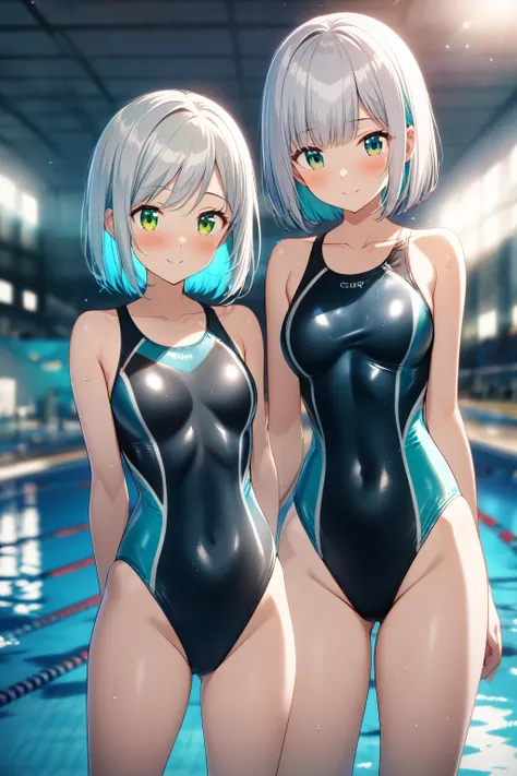 1 girl, Game CG, 
shallow depth of field, a portrait with a soft Gaussian blurred background, creating a dreamy atmosphere, focus on face, A shy yet athletic high school girl stands at the poolside, The scene focuses on the charm of competitive swimwear an...