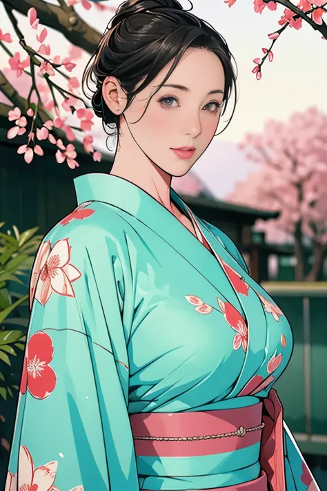 1,Japanese hairstyle,photorealism, details,masterpiece,mature,((full)), (Broad shoulders), ((huge)),(美しい長袖の kimono, kimono,smile,masterpiece,high qualityのillustration for both eyes,, illustration for both eyes:Zoe Mozart, pin-up art byZoe Mozert, ヴィンテージ ...