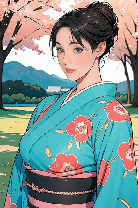 1,Japanese hairstyle,photorealism, details,masterpiece,mature,((full)), (Broad shoulders), ((huge)),(美しい長袖の kimono, kimono,smile,masterpiece,high qualityのillustration for both eyes,, illustration for both eyes:Zoe Mozart, pin-up art byZoe Mozert, ヴィンテージ ...