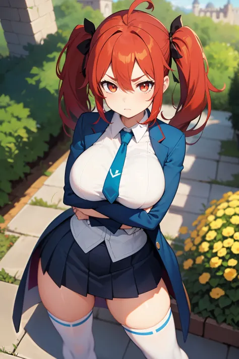 (best quality:1.5),1girl,cute,((red hair)),(super long twintails:1.5),hair between eyes,ahoge,red eyes,((big breasts)),(slanted eyes:1.5),(furrowed brow:1.2),ager,((fantasy)),black hair ribbon,((garden in castle)),(cross your arms under your breasts:1.5),(...