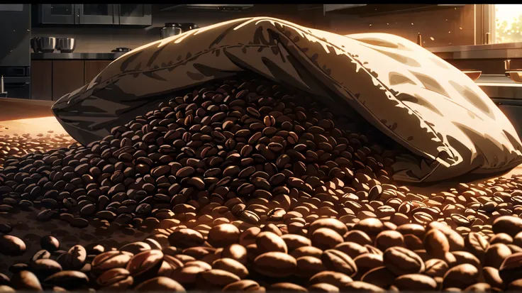 Masterpiece, best quality, highly detailed anime illustration, (soft shading:1.2), dramatic lighting, modern anime style, cinematic composition

scene:
kitchen, coffee bean bag, wooden scoop, pile of roasted coffee beans, soft light

action:
extreme close-...