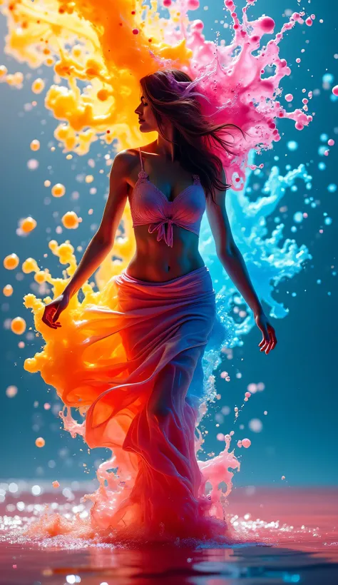 female shape, In a mesmerizing display of artistry, vibrant liquid forms and colliding objects dance gracefully against a backdrop of water splash bokeh. This dynamic abstract photograph encapsulates the fluidity and energy of motion, capturing a moment of...