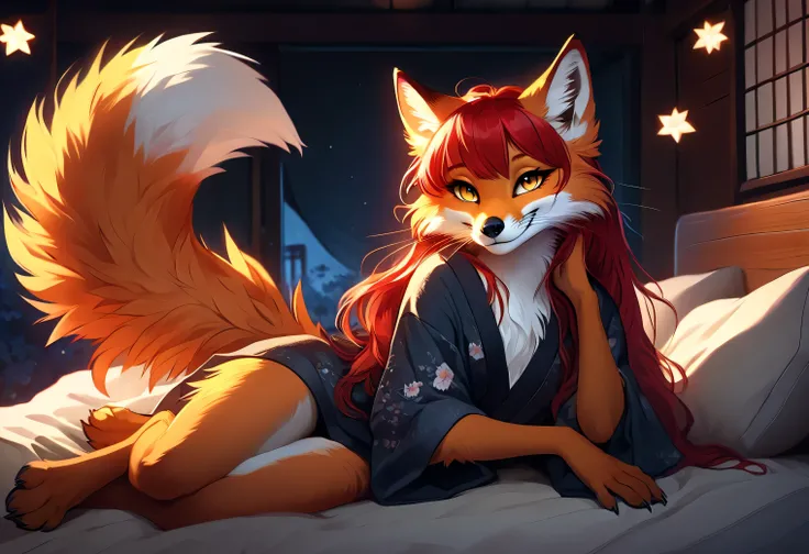 Solo、unpralleled masterpiece、Detailed、 Beautiful、 score_9、 score_8_up、 score_7_up、moody atmosphere、mysterious、fox、anthro、furry、female、orange fur、(long hair、beautiful hair、scarlet red hair、side swept hair、bangs)、yellow eyes、(tuft of fur)、(digitigrade、claws、...