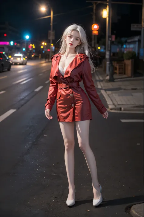 klara,1girl,white hair,long hair,red eyes,red coat,white shirt,long sleeves, dress,thigh strap, ,,(full body:1.4), (masterpiece, best quality, ultra-detailed:1.2), realistic beautiful woman, sexy long-legged model, (Full bust, visible cleavage, very short ...