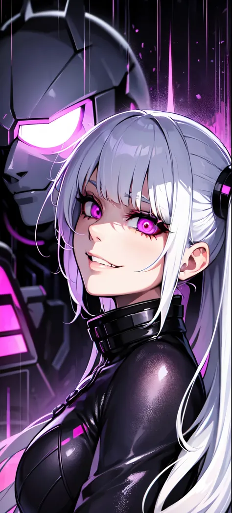 from side, 1girl, white hair, purple eyes, glowing eyes, evil smile, rain, pupils, street, cyborg, cyberpunk,