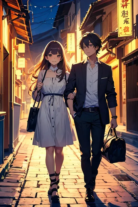 a cute anime couple both are 25 years old the boy is so handsome and the girls is so beautiful , isekai anime style , they both wear a casual dress, they are very happy couple , working on the free empty evening roads