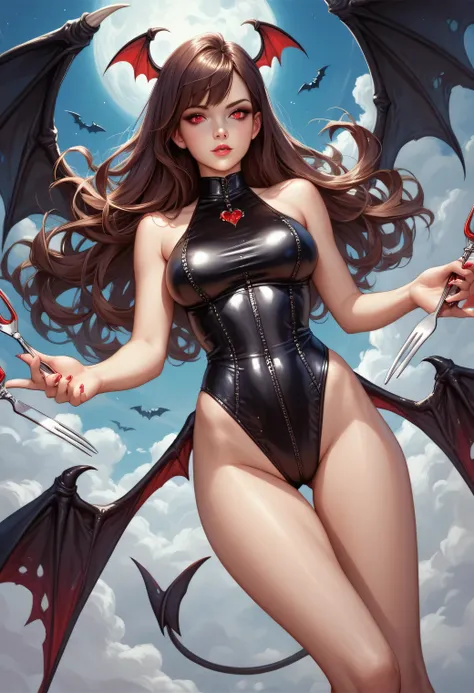 Little Devil，Beautiful brunette，perfect figure，black one-piece swimsuit，High fork swimsuit，Patent leather texture，devil wings behind，black wings， long hair，sleeveless，bat-like wings，Hair flutters ，perfect figure，Open hands， Perfect Legs，perfect body，model-...