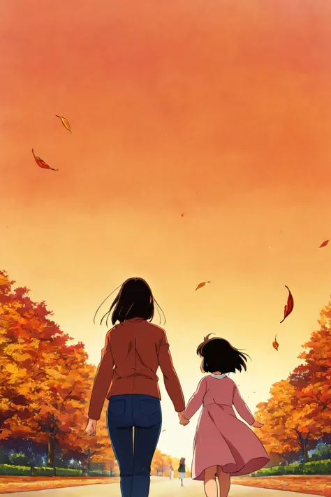 2 woman, mother, little daughter, holding hands, walking, park, autumn, orange sky, wind breeze, flying leaf, backshot, lowshot, anime artstyle
