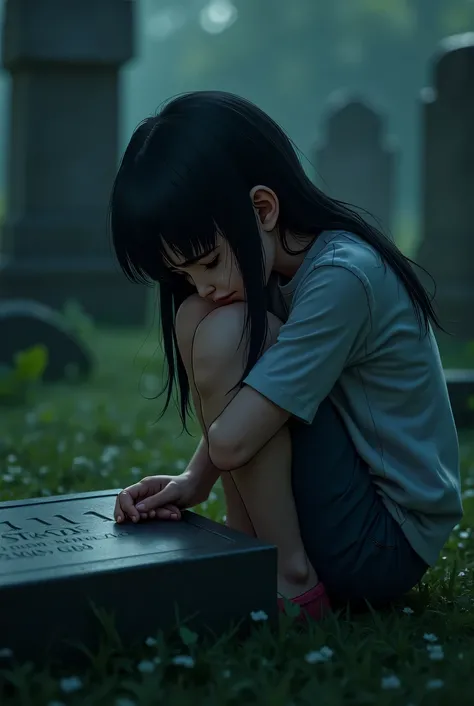 A sad 15-year-old  is sitting on her father's grave crying with water