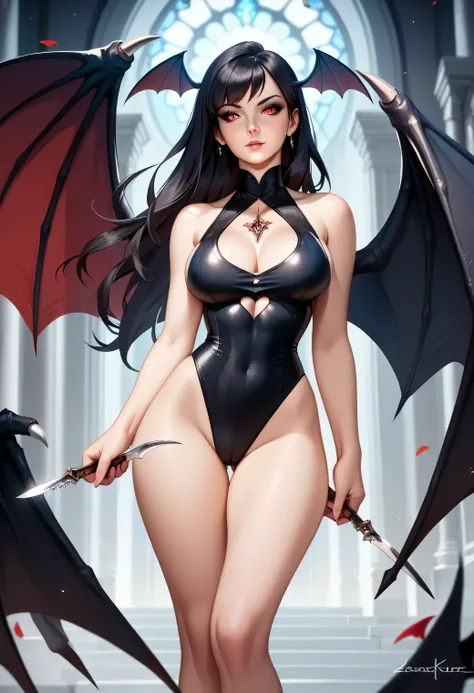 Little devil, beautiful woman with black hair, perfect figure, black one-piece swimsuit, High fork swimsuit， Lacquer leather texture, devil wings on the back, black wings, long hair, sleeveless, bat like wings, hair fluttering, perfect figure, hands open, ...