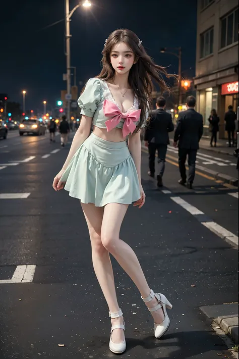 MIS,bow, ,,(full body:1.4), (masterpiece, best quality, ultra-detailed:1.2), realistic beautiful woman, sexy long-legged model, (Full bust, visible cleavage, very short hemline), elegant stance, (random street scene), (random shooting angle), romantic styl...