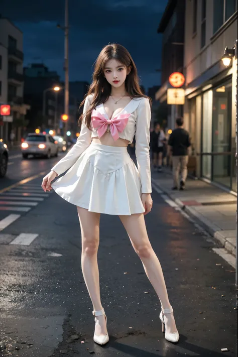 MIS,bow, ,,(full body:1.4), (masterpiece, best quality, ultra-detailed:1.2), realistic beautiful woman, sexy long-legged model, (Full bust, visible cleavage, very short hemline), elegant stance, (random street scene), (random shooting angle), romantic styl...